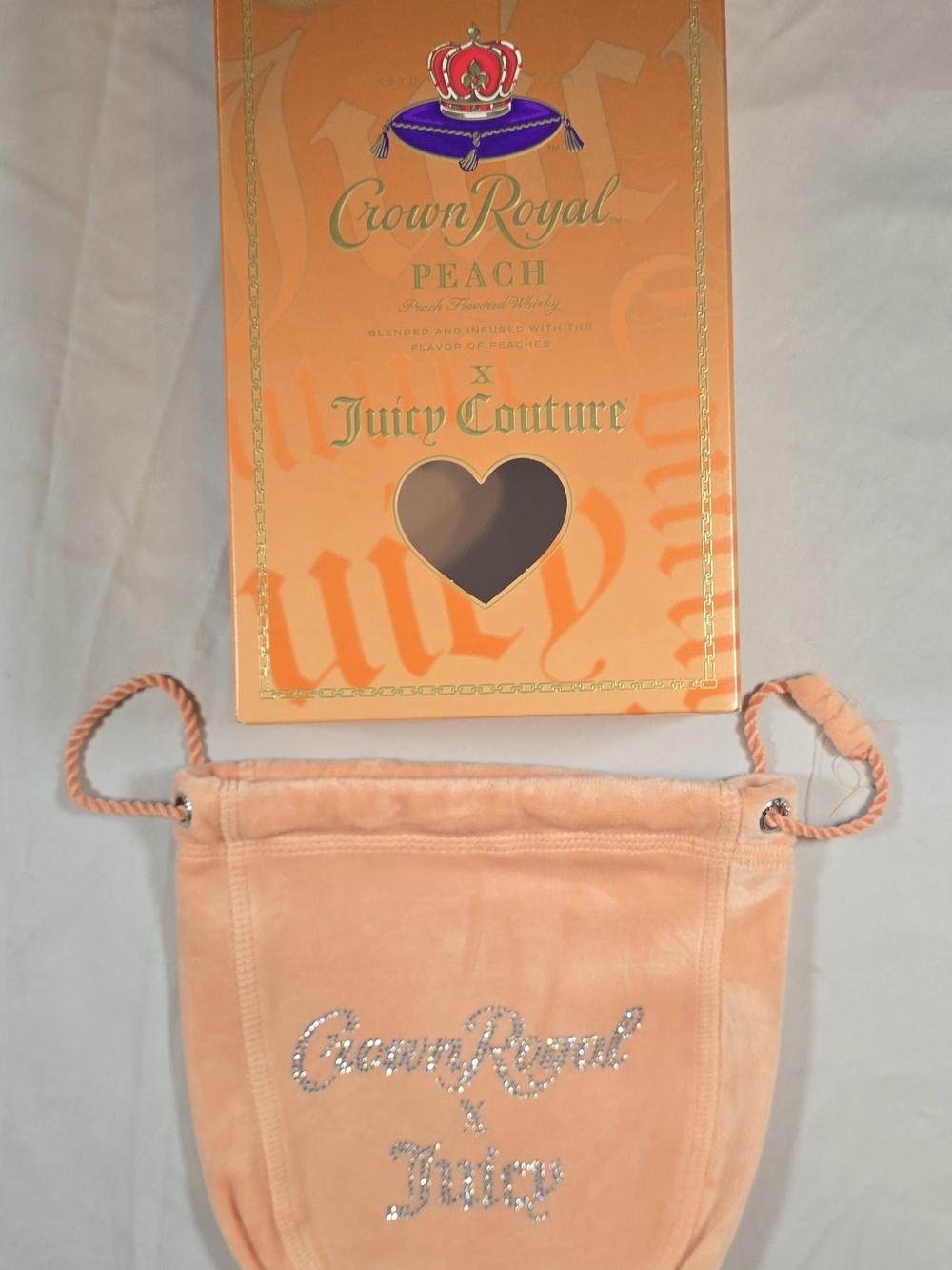 RARE Juicy Couture x Crown Royal Peach Box & Bedazzled Velour Pouch Set Y2K